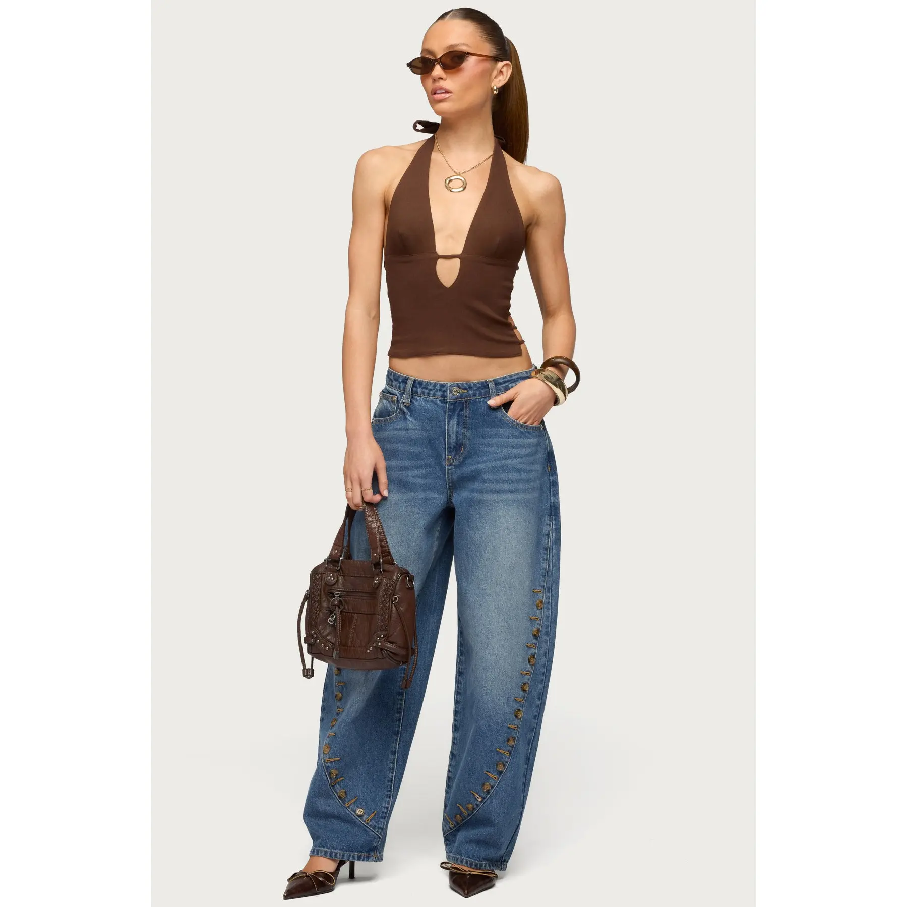 Button Stitch Low Rise Barrel Jeans
