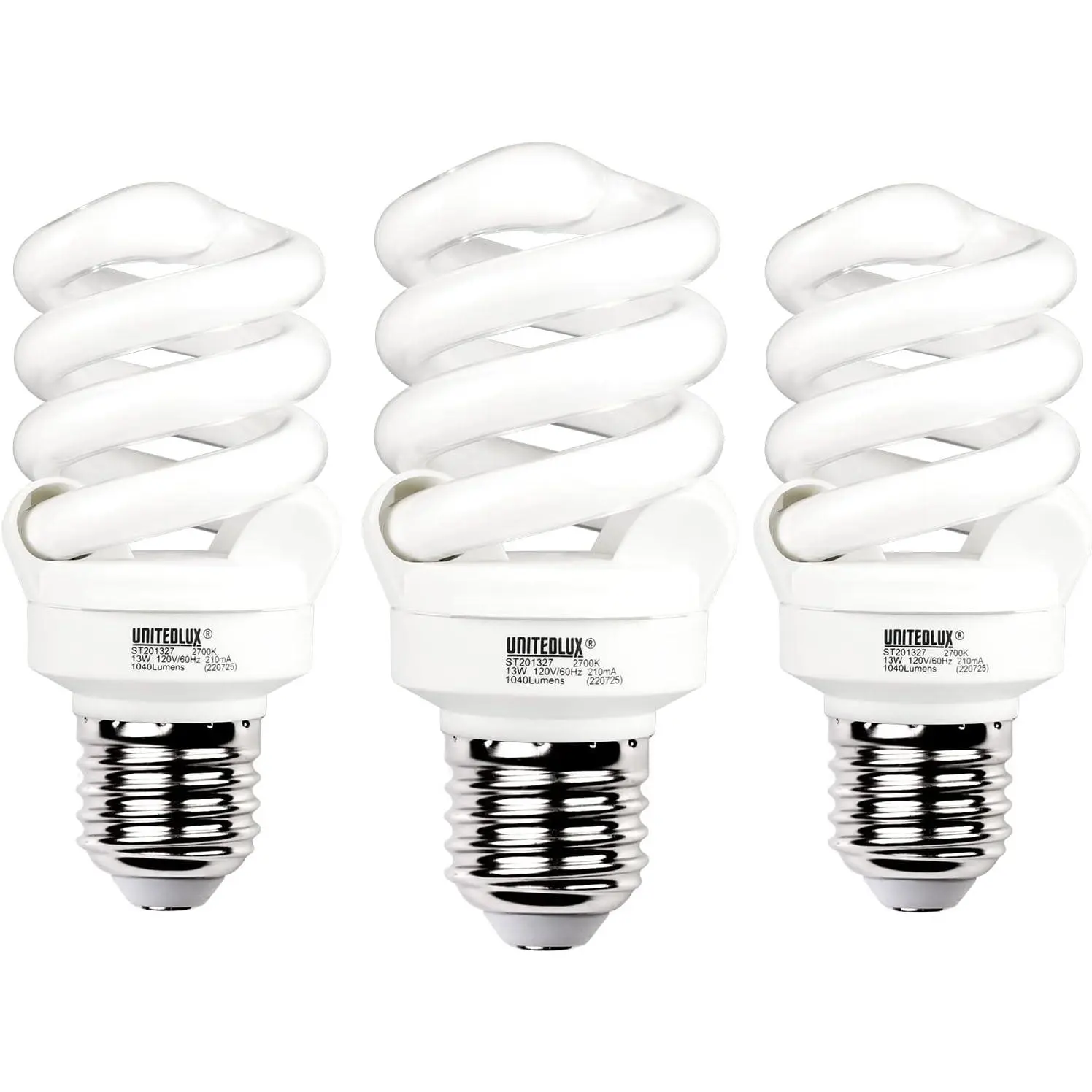 E26 Spiral CFL Light Bulbs Medium Base 13Watt (60Watt Equivalent) Soft White 2700K, 1040Lm Non-dimmable Compact Fluorescent Light, (3 Pack)