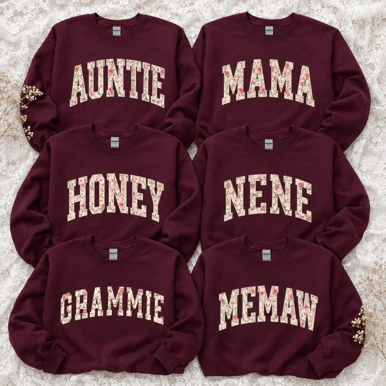 Personalized Floral Family Sweatshirt, Auntie Mama Honey Nene Grammie Memaw Crewneck, Custom Grandma Gift, Mother's Day Sweatshirt, Gildan Unisex Pullover, Cozy Family Apparel