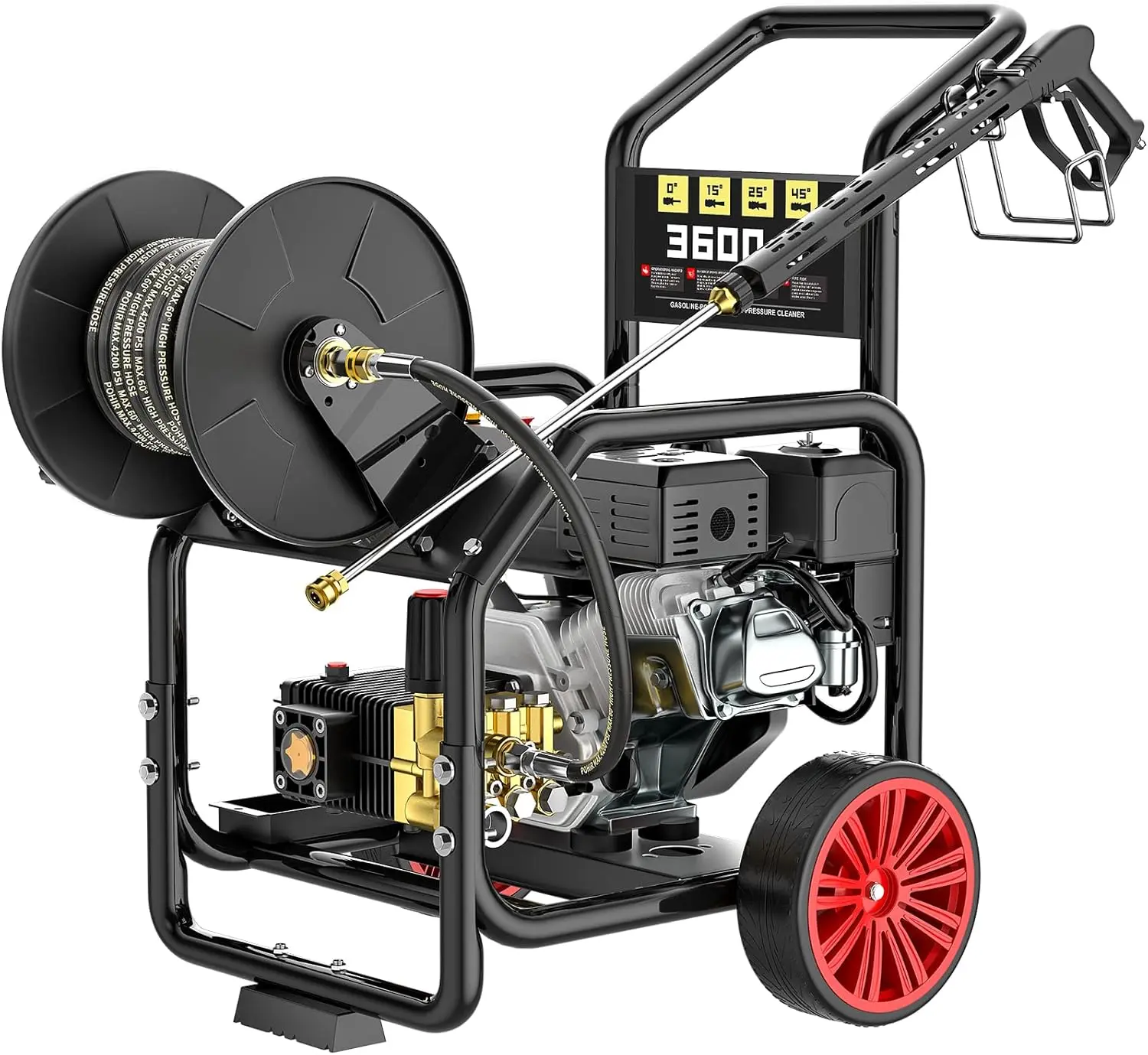 POHIR Portable High Pressure Washer, 7HP Engine, 3600 PSI @ 3.3 GPM Crankshaft Brass Pump, Trolley Handle, Hose Reel, Adjustable Pressure, Nozzles, Accessories for Heavy Duty Cleaning of Driveways, Siding, Houses, Portable High Pressure Washer