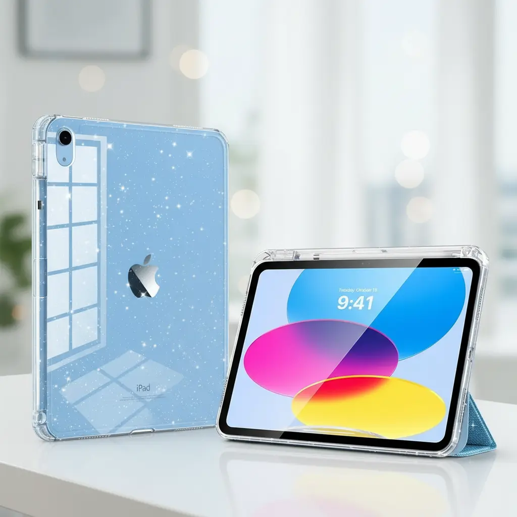 Glitter Case for iPad 11th Generation 11 Inch 2025 and iPad 10th Gen 10.9 Inch 2022 Sparkly Clear Back Cover with Pencil Holder Sky Blue Shockproof Protective