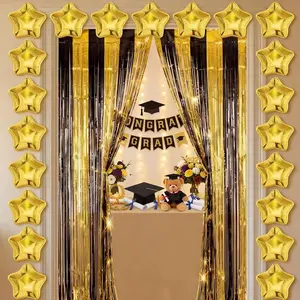 32 count 2026 Graduation Party Supplies Black  Foil Fringe Curtains Backdrop,  Plates and Adhesive Dots Photo Background for Graduation Prom Wedding Birthday Party Decorations