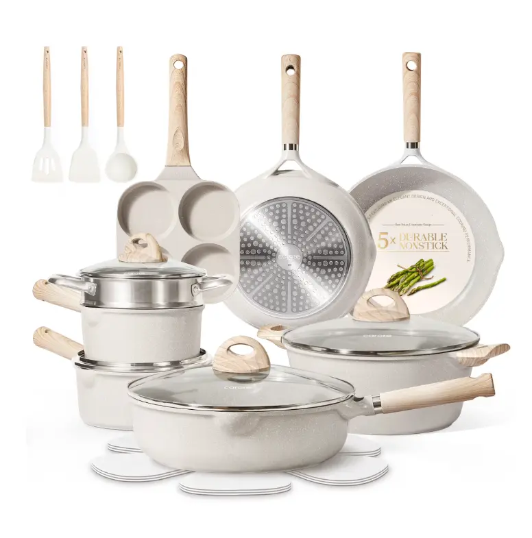 Beige 21-Piece Non-Stick Cookware Set - Induction-Ready Kitchen Pots and Pans Set