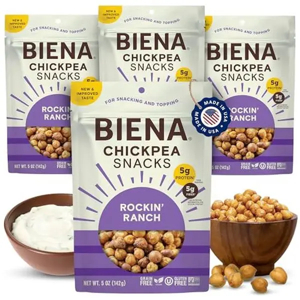 BIENA Chickpea Snacks - Crunchy Roasted Chickpeas - High Fiber Vegan Protein Snacks for Adults and Kids - 4-Pack, 5 Ounce Bags - Rockin’ Ranch