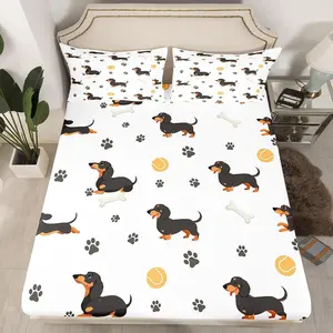 Cute Dachshund Dog Bed Sheet,Ball Bones Paw Print Fitted Sheet for Girls Child Bedroom Decor,Cartoon House Pet Animal Themed Soft Microfiber Bed Cover