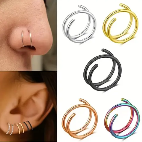 5Pcs Double Hoop Nose Ring Stainless Steel Jewelry Set Single Piercing Spiral Nose Ring Hoop Colorful Nose Piercing Jewelry Women/Men Body Piercing Jewelry