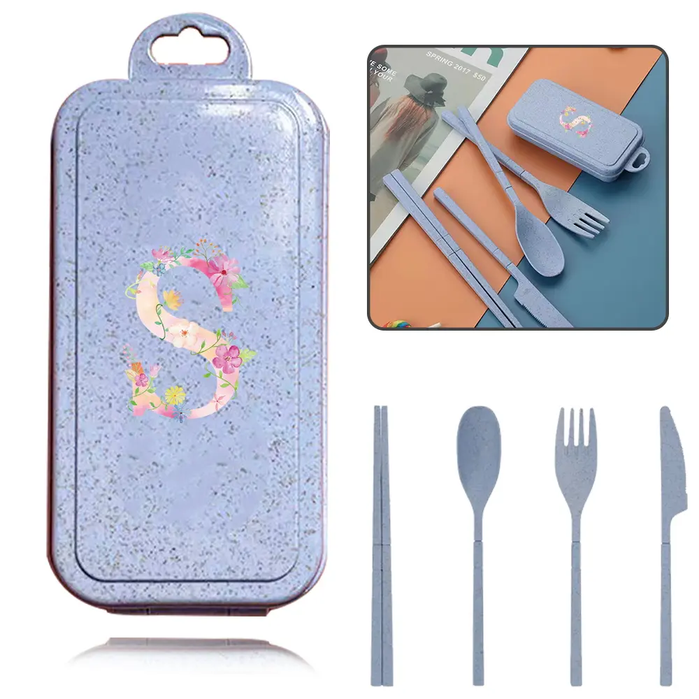 Eco-Friendly 4pcs Tableware Wheat Straw Dinnerwar, Portable Camping Cutlery Set with Detachable Spoon Fork Knife and Chopsticks, Suitable for Picnics Camping Student Dormitories and Office Workers' Use Pink Letters Pattern