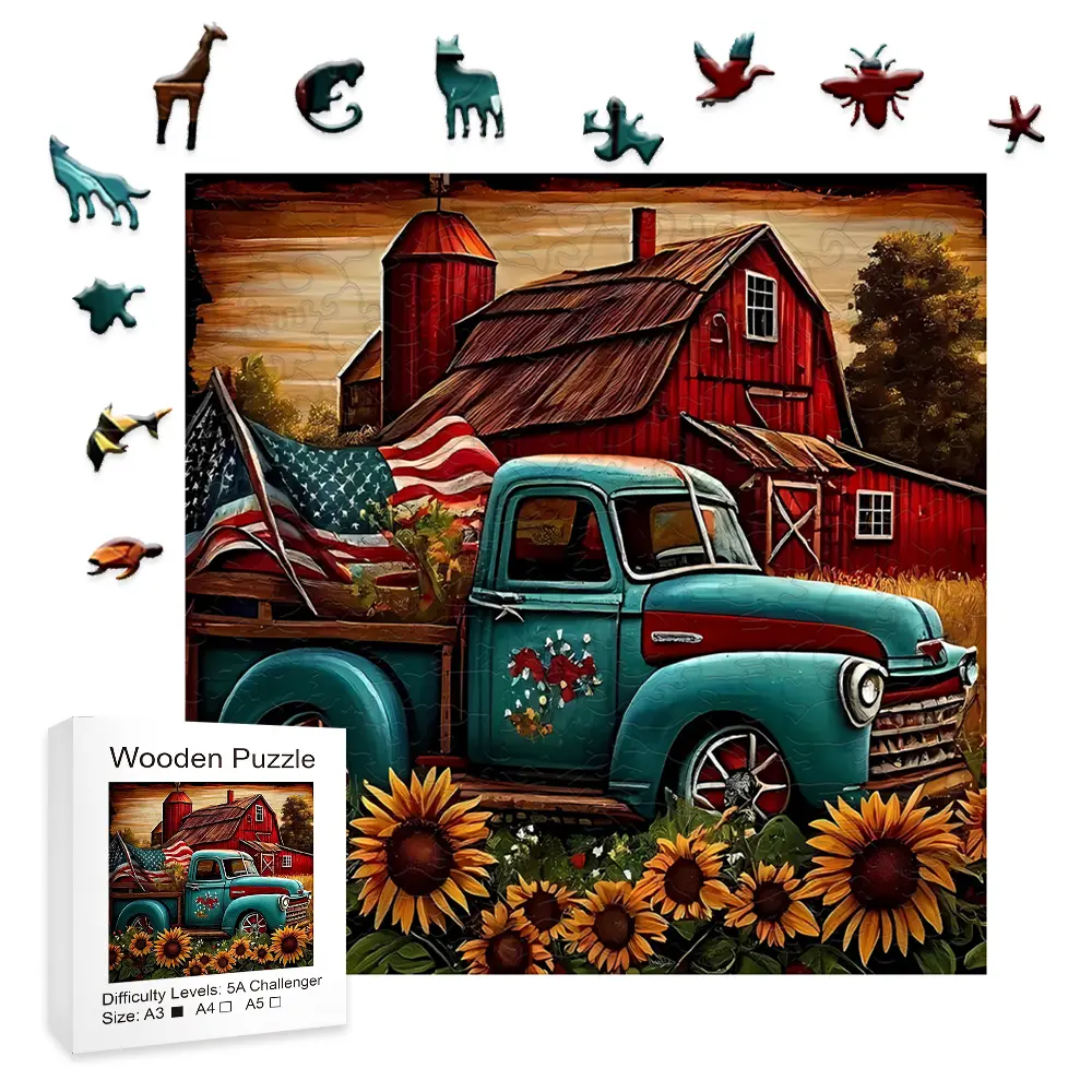 Vintage American Farm Truck Wooden Jigsaw Puzzles, A3 Size, 5A Difficulty, Retro Red Barn & Sunflower Design, All Ages Game, Wooden Puzzle, Jigsaw Wooden Jigsaws