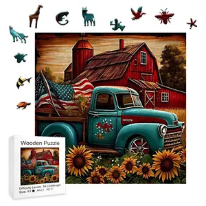 Vintage American Farm Truck Wooden Jigsaw Puzzles, A3 Size, 5A Difficulty, Retro Red Barn & Sunflower Design, All Ages Game