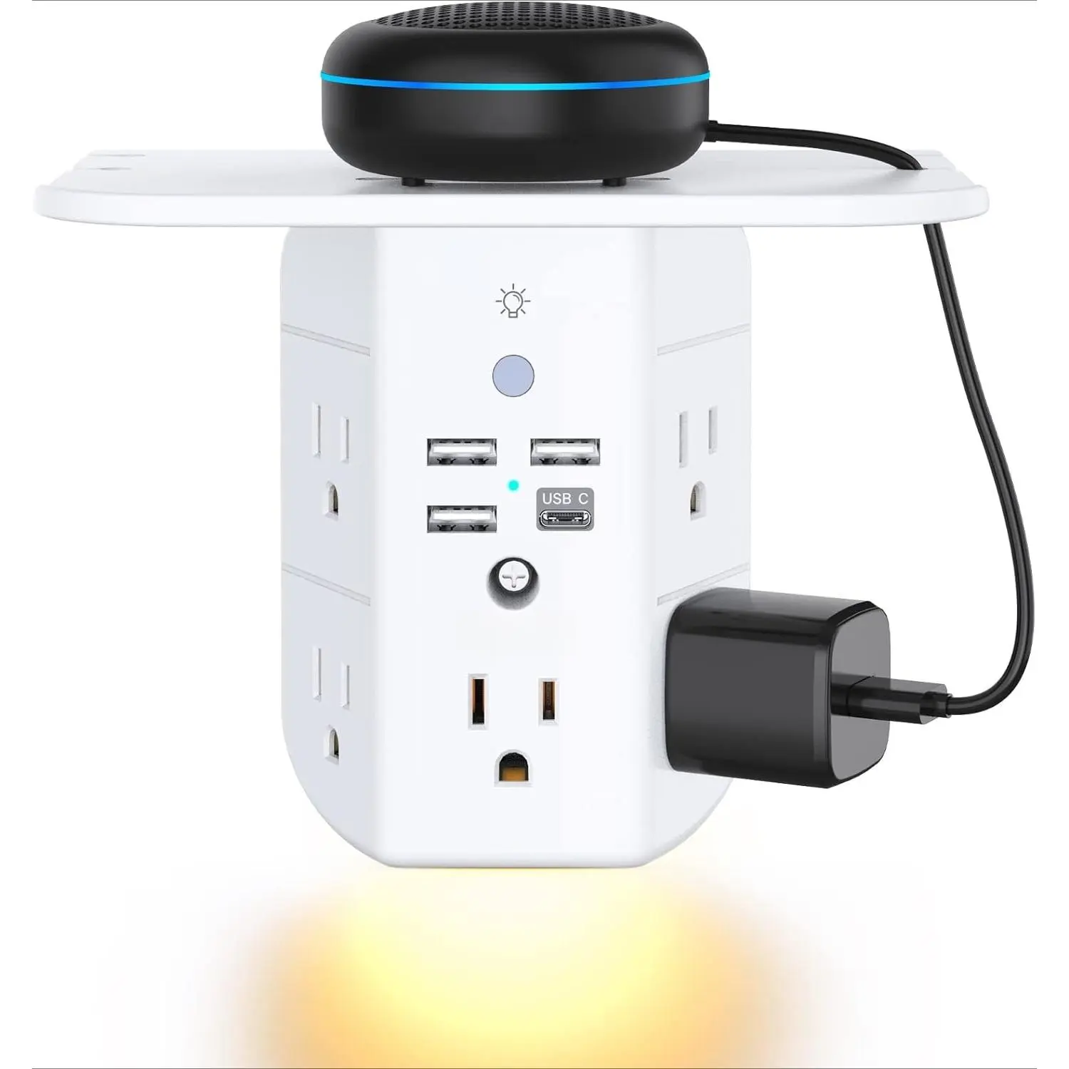 White 3-Sided Wall Mount Surge Protector with Shelf - 110v-127v, Universal Socket, Night Light, 5 Outlets, 3 USB Ports, 1 USB-C Port, Compact Single Unit, Surge Protection Plugs, Into Wall Plugs, Indoor Charging Hub