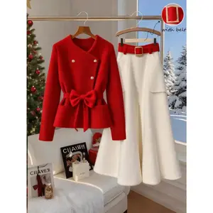 Women's Christmas Limited Edition Red and White Two-Piece Set (Waist-Cinching Woolen Coat + Wide-Leg Skirt Pants, Bow and Belt Design)| Suitable for Christmas parties and festive outings, creating a joyful and elegant style
