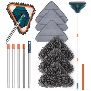 Long Handle Wall Cleaner Adjustable Length Wall Mop 360° Spinning Head Floor Wall Washing Cleaning Tool for Walls Ceiling Fans Floors Baseboards Dust Kitchen General Purpose, 6 Replacement Pads and 1 Silicone Squeegee
