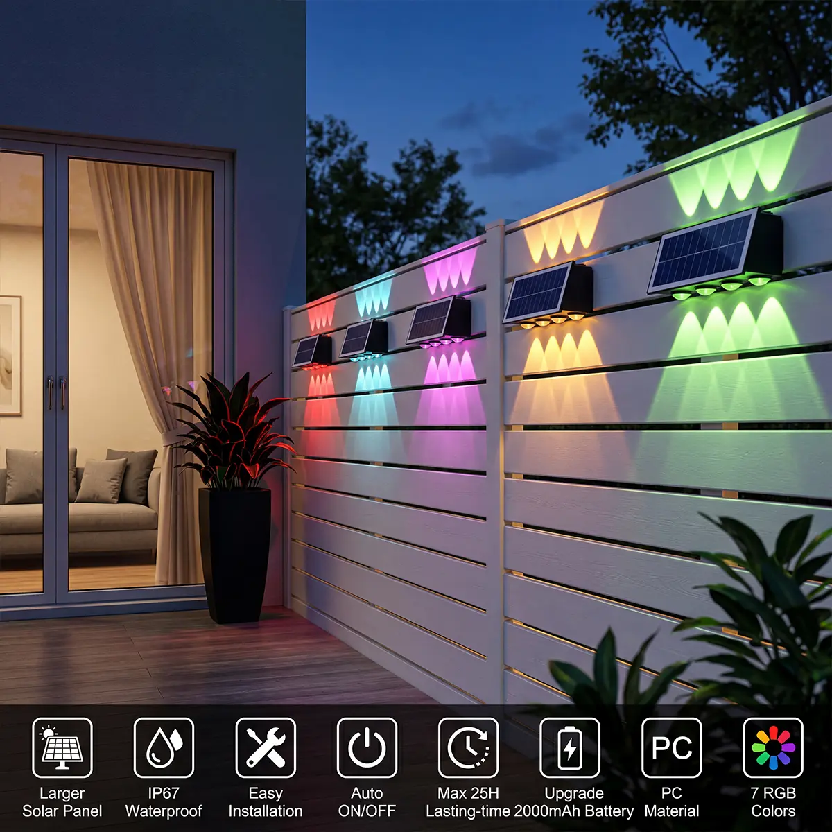 Motionics 2-Pack 8-Head RGB Outdoor Solar Spotlights - Wireless, Solar-Illuminated, Multi-Mode, No-Wiring for Patio, Courtyard