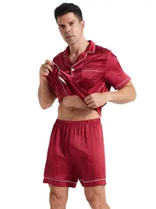 Two-Piece Set Men's Contrast Binding Faux Silk Pyjama Set, Loose Casual Comfy Short Sleeve Button Front Shirt & Elastic Waist Shorts PJ Set, Men's Sleepwear for Summer