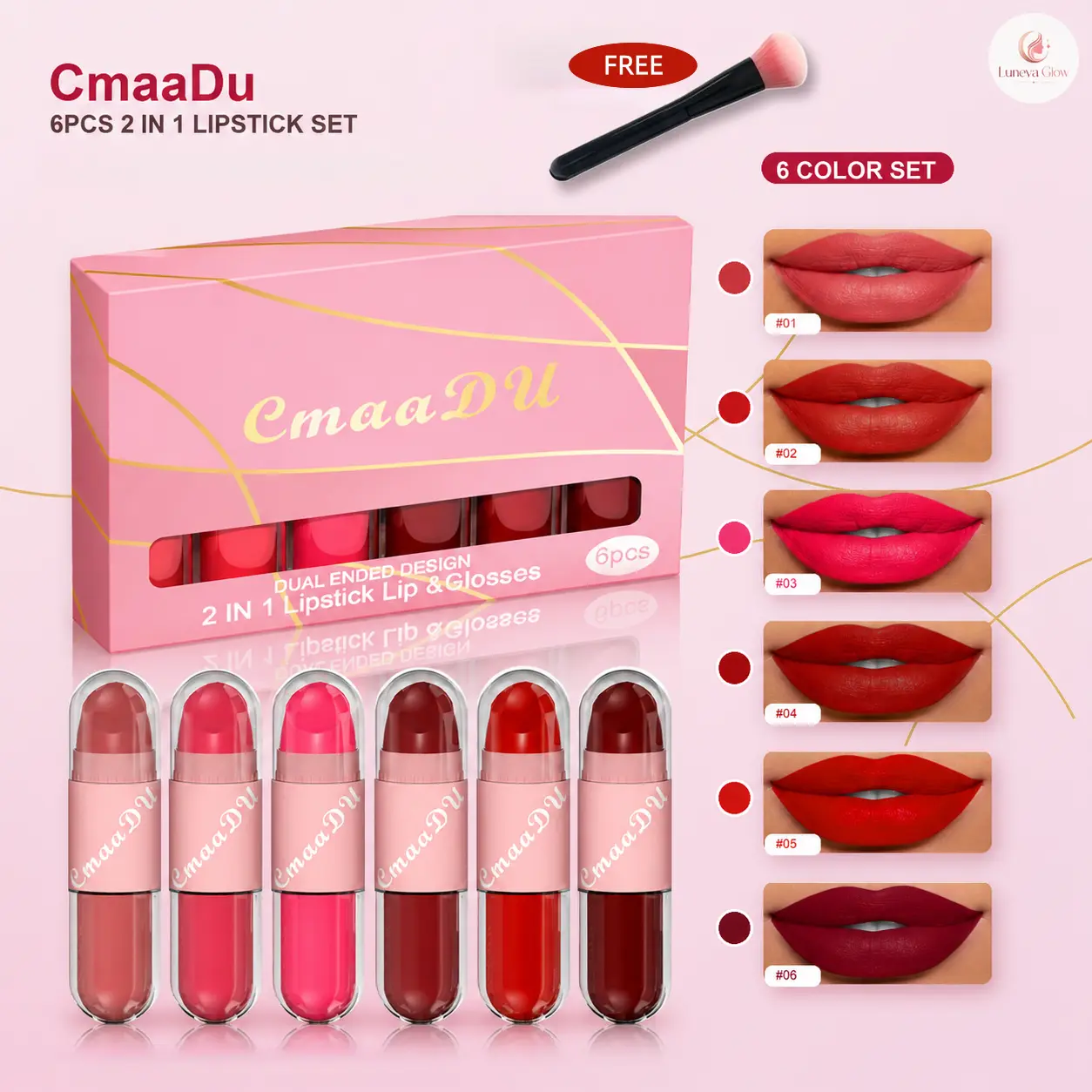 CmaaDu 6Pcs 2-in-1 Lipstick & Cosmetic Compact, Long-Lasting Pearlescent Lip Balm with Free Makeup Brush, Daily All-Skin-Types Makeup Products (Dual-Ended Kit with Extreme Shine, Zodia Clip Yo Peripera Ink Pame Luxe Vibes)