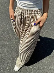 Women's Striped Print Drawstring Wide Leg Pants, Casual Chic Trousers, Elastic Waist Casual Pants with Pockets, All Season Long Pants for Daily Wear, Bohemian Bottoms