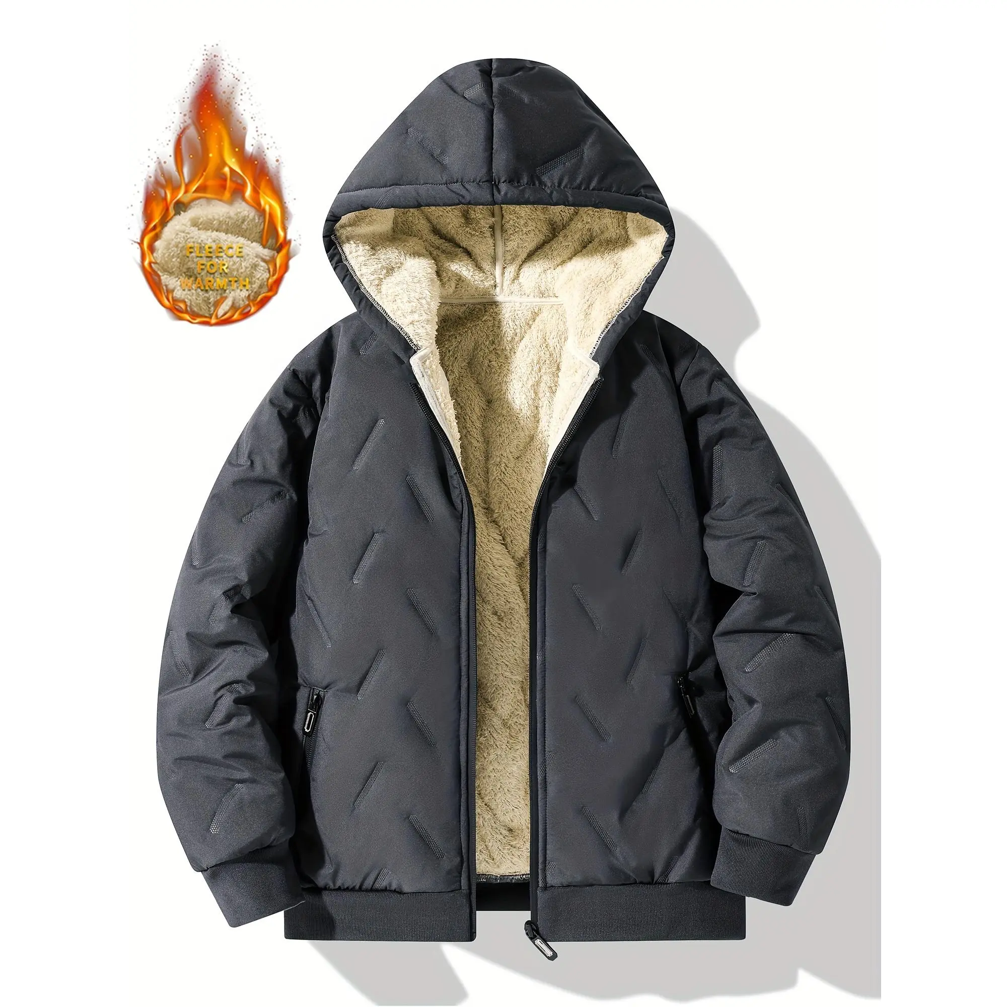 Boys' Cute Polyester Winter Coat - 9-10 Years, Long-Sleeve Zip-Up Hooded, Sherpa-Lined Fleece, Warm Easy-Wear Protective Plain Outdoor Jacket