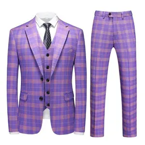 Mens 3 Piece Violet Plaid Suit Set with Adjustable Waist Slim Fit Blazer Pants & Vest 95% Polyester 5% Spandex Elegant Functional Design