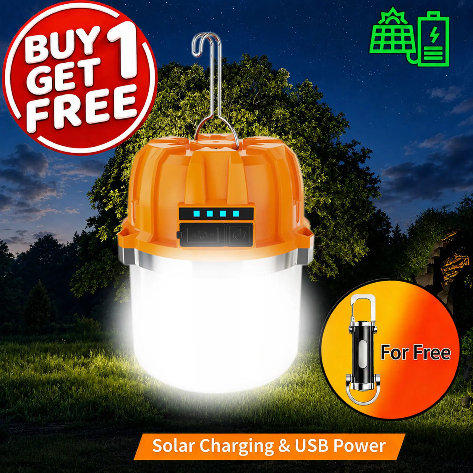 Buy 1 Get 1 Free (Total 2pcs) Unisex Handheld Solar LED Flashlight - Top Solar Panel, Side COB Light, USB Rechargeable Searchlight with Power Display, Portable Camping Hiking Gear Emergency Light