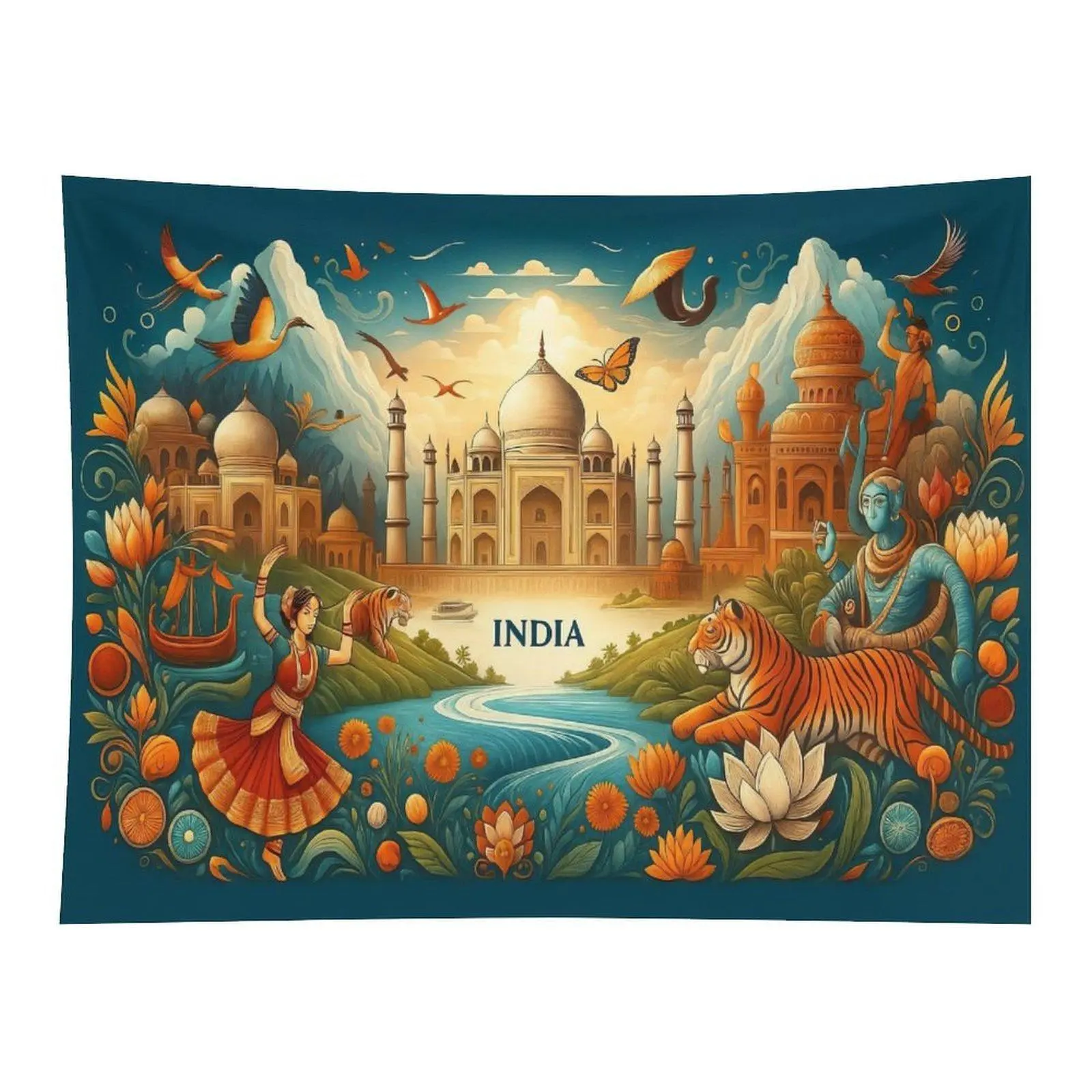 India Taj Mahal Tiger Traditional Folk Art Tropical Lotus Cultural Wall Tapestry Wall Hanging, Vibrant Ethnic Indian Travel Print Living Room Decor Ornament