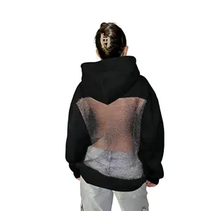 Flash & Finesse Women's Open Back Casual Hoodie Jacket - Mesh Cutout Longsleeves Pullover Tops, Trendy Black Streetwear Going Out Tops Clothes for Casual Party Night, Lady Festival Gift