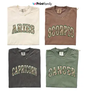 Comfort Colors [Full 12 Zodiac] Floral Zodiac Varsity T-Shirt, Aries Scorpio Capricorn Cancer Graphic Tee, Vintage College Style Astrology Shirt, Unisex Tee