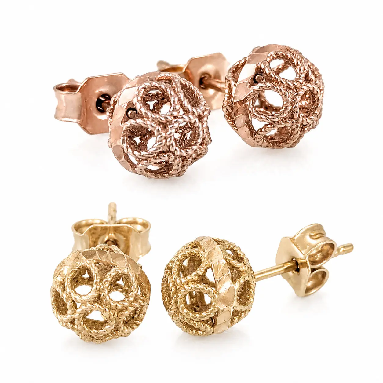 Round Gold Filigree Bead Stud Earrings with Diamond Cut