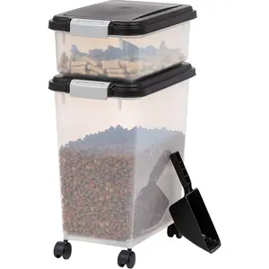 IRIS USA Dog Food Storage Container, 30 lbs & 11 lbs Combo, Cat Food Storage Container, Dog Treat Container, Airtight, Stackable, 2-Cup Scoop, Wheels, Easy Mobility, Black