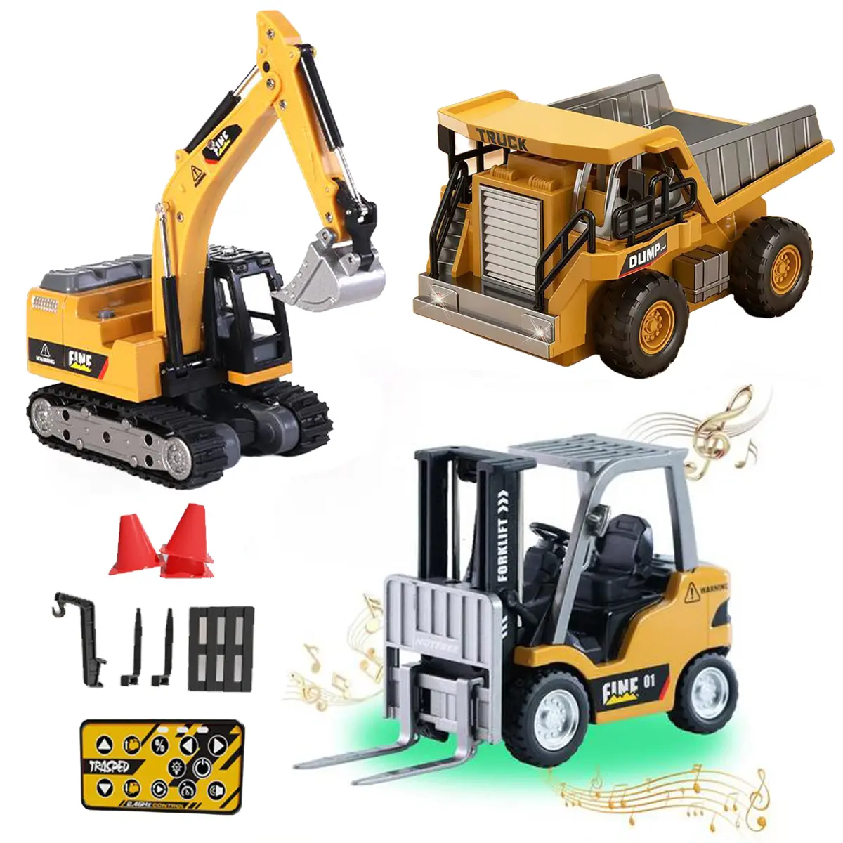 1/64 Scale Mini RC Construction Vehicle Set - Alloy Excavator, Forklift, Dump Truck, Diecast Metal Cars, Built-In Batteries, USB-C Rechargeable, Lights & Sounds, Birthday Gift for Boys Kids
