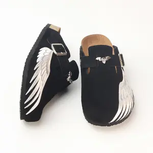 Men's Black Suede Clogs with Angel Wings Embroidery & Skull Buckle, Cork Footbed Slip-On Mules, Gothic Streetwear