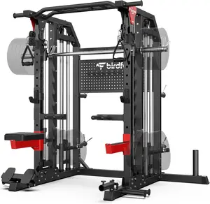 Pooboo Multi-Function 2000LB Smith Machine Power Cage, Home Gym Squat Rack Featuring LAT Pulldown, Dual Pulley Cable Crossover, Pegboard and Attachments