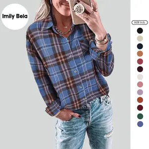 Imily Bela Womens Long Sleeve Button Down Shirt Casual Plaid Flannel Shirt Collared Blouse Tops