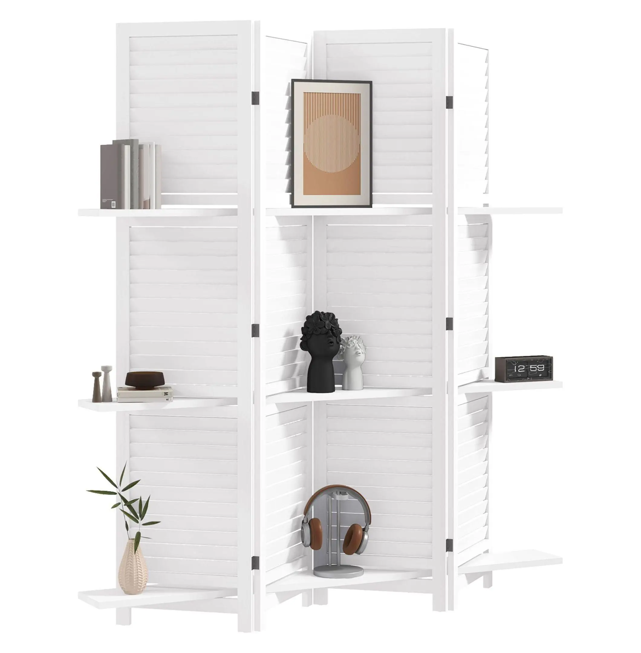 67" Room Divider 4 Panel, Wooden Privacy Screen with Shelves, Folding Partition for Home Office, White