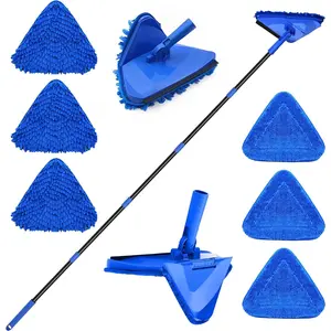 Wall Mop Cleaner Long Handle 80 inches, 180? Folding Ceiling Washer  and , Triangle Baseboard Cleaning Tool Duster with 6 Microfiber Chenille Pads for Painted Walls Window Floor