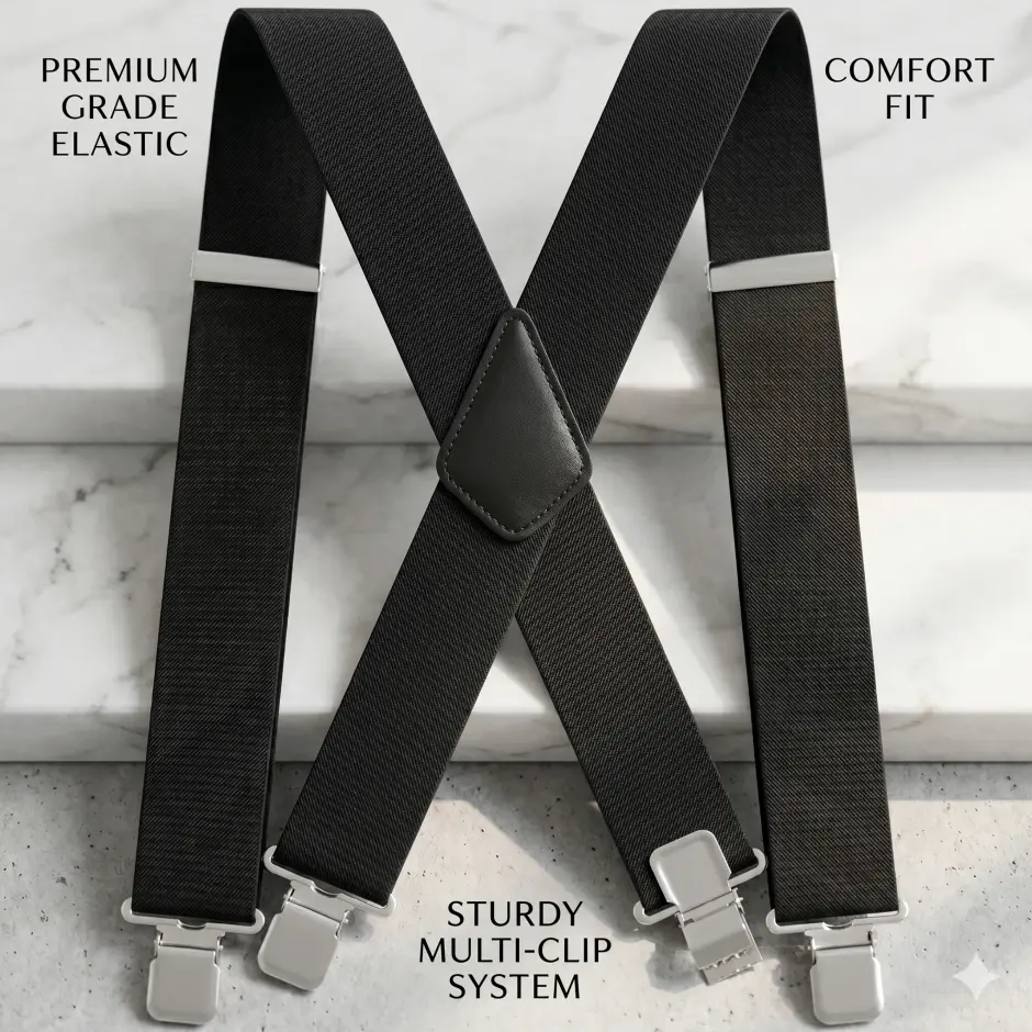Men's Heavy Duty 2" Wide Black Elastic X-Back Suspenders, 47 Inches, Adjustable Fit, Anti-Rust 4 Industrial-Strength Clips, for Outdoor Work Safety Use