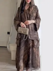 Elegant Long Robe Set with Headscarf, 2-Piece Womenswear Printed Sleeve Kimono Style, Front Button Design, Casual, Perfect for Beach, Party, Daily Wear, Coord Set, Cozy, Versatile, Comfort, Outfit, Essential