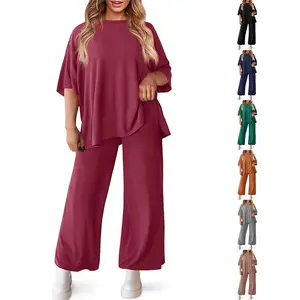【XL-5XL】Imily Bela Curve Womens Plus Size Lounge Sets Short Sleeve Tops Wide Leg Pants 2 Piece Outfits Tracksuit with Pockets