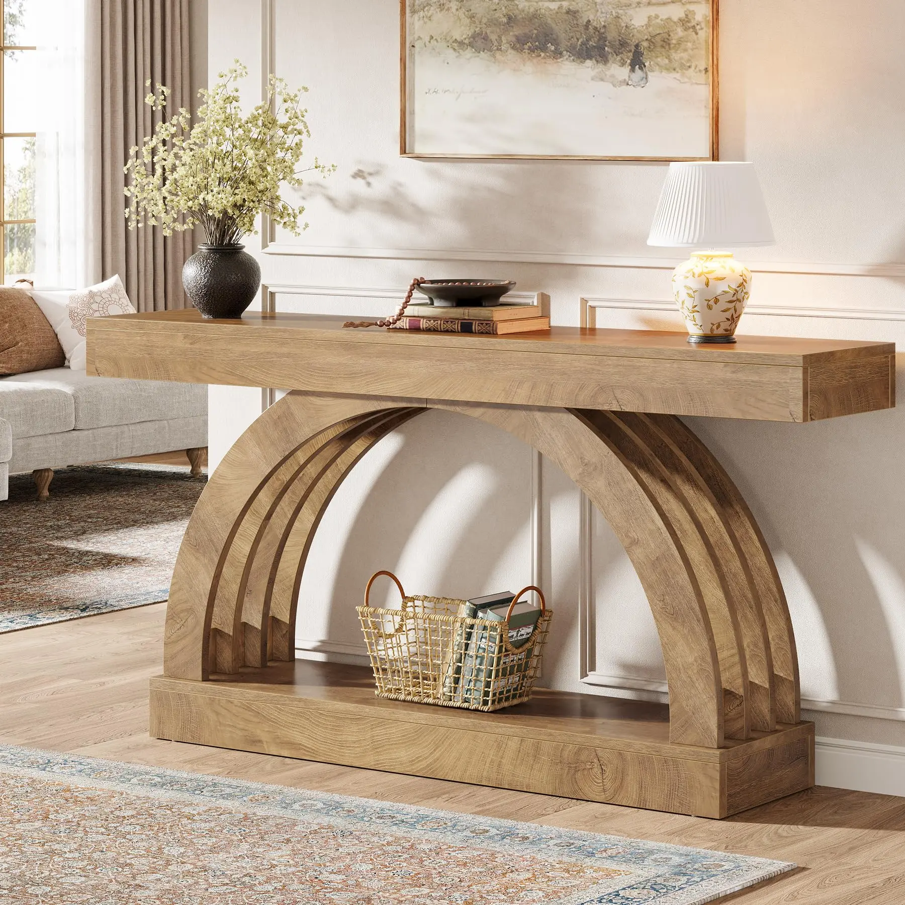 Tribesigns 63-Inch Entryway Table, 2-Tier Console for Living Room, Farmhouse Narrow Arched Sofa Table