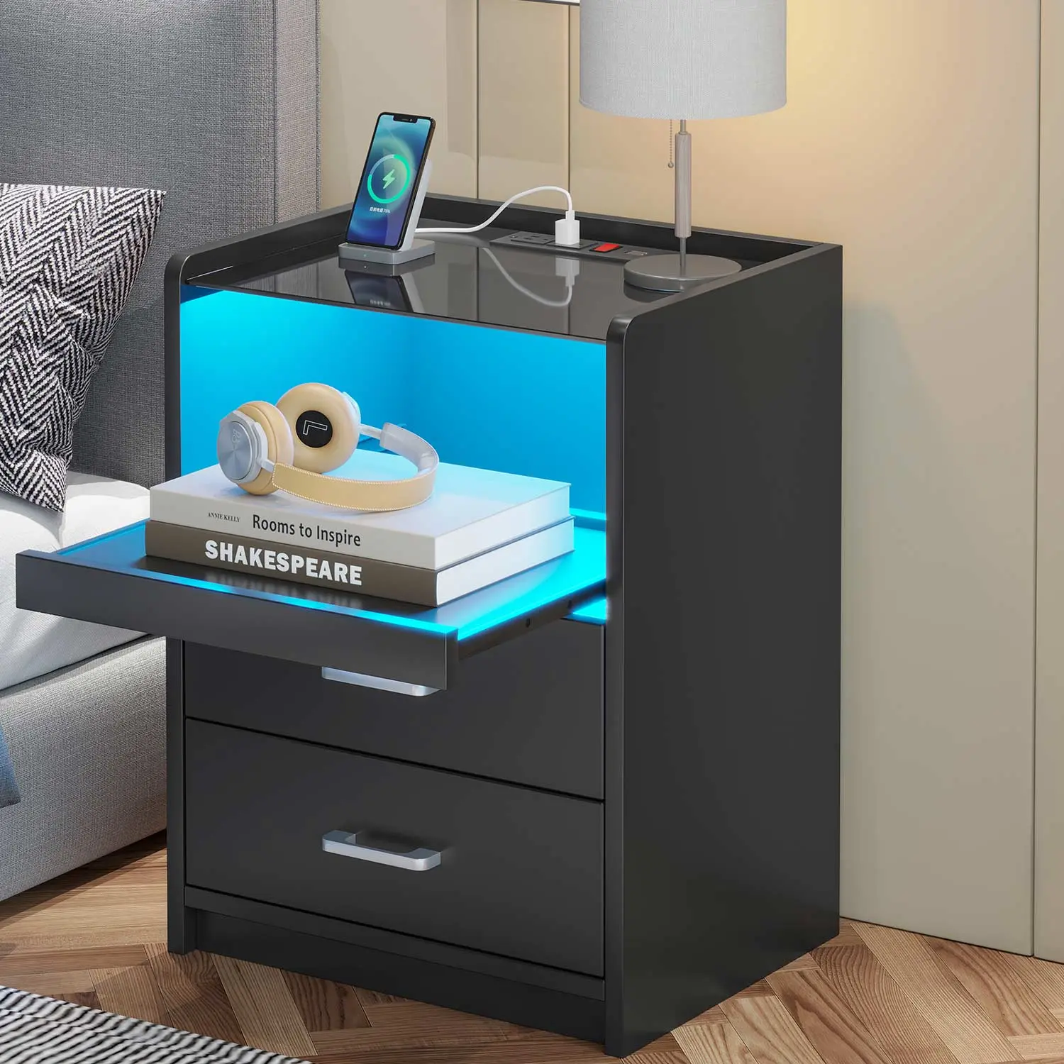 SIKAIC Modern Black Narrow LED USB Minimal Nightstand - Tempered Glass Modern Accent Table with RGB Lights, 2 Smooth Sliding Drawers, Multi-Mode LED Strip for Bedroom Organization, Minimal Night Stand, Modern Accent Tables