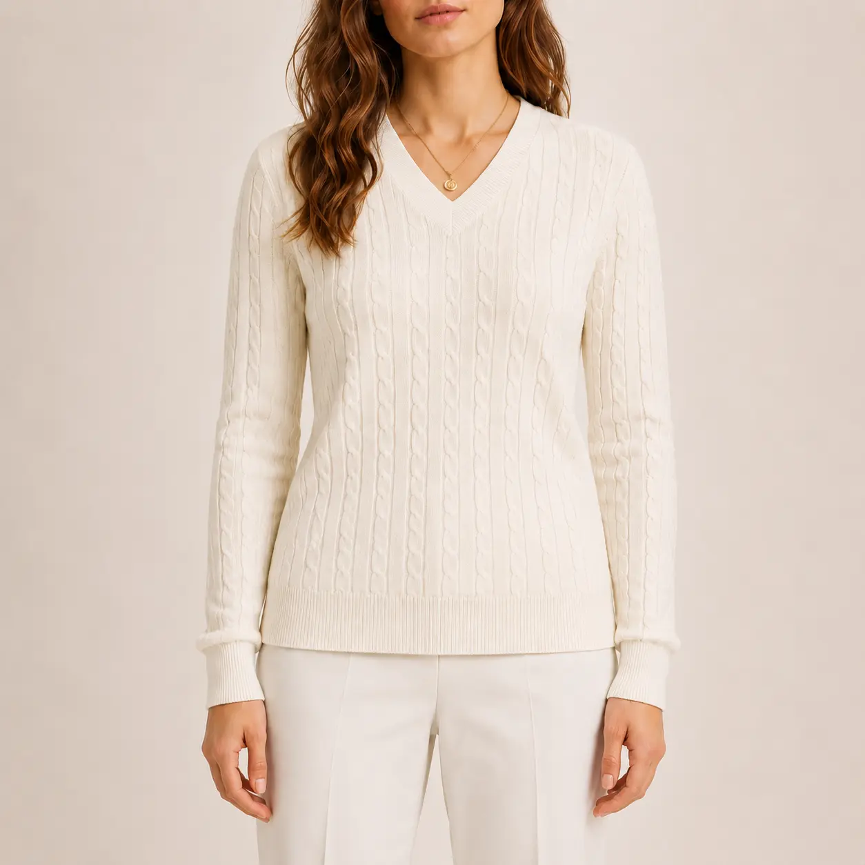 Women's Aesthetic Cable Knit V-Neck Sweater College Style Loose Long Sleeves Twist Design Casual Versatile Knit Top