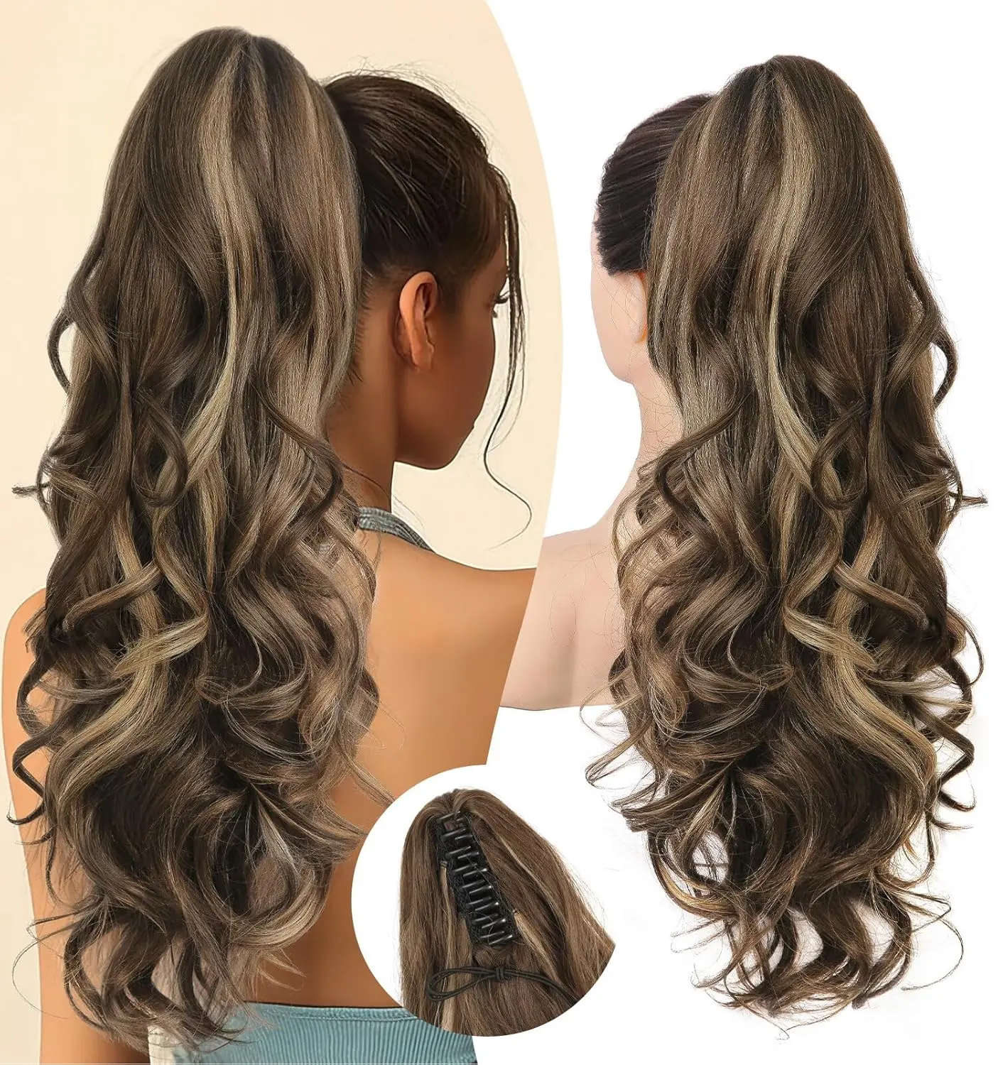 N NAYASA Women's 24 Inch Soft Curly Ponytail Extension, Fluffy Synthetic Hair with Claw Clip, Quick & Easy Hairstyle for Daily and Party Wear, Wavy Curly Ponytails, Quick Hair Extension