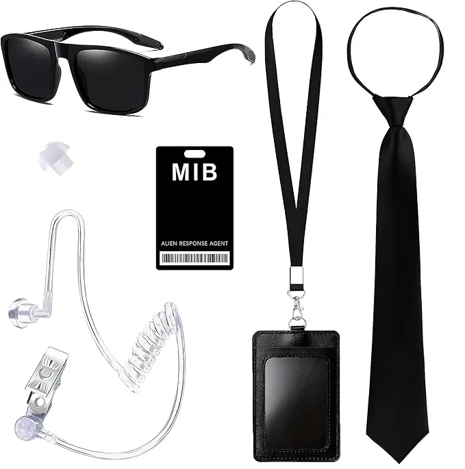 Adult 6-Piece Spy Costume Accessory Set - Secret Agent Kit with Polyester Tie, Plastic Sunglasses, Earpiece, Retractable Part, Adjustable Strap, Audio Function, Waterproof for Halloween, Birthday, Clothes Pairing, Friend Gift