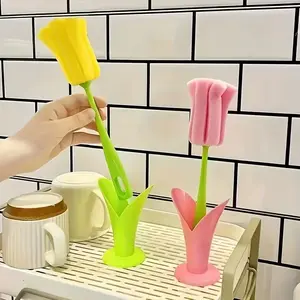 Reusable Tulip Style Cup Brush Long Handle, Detachable Sponge Head, Easy Clean Glass Cup Cleaner, Durable Kitchen Cleaning Tool