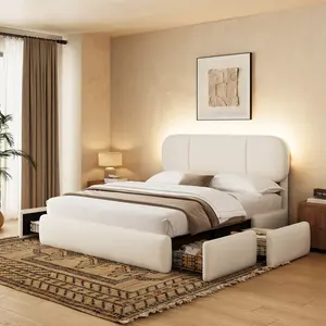 [Summervibes] King Size Bed Frame with Storage, Boucle Cloud Bed with 4 Locking Drawers & LED Lights, Modern Upholstered Platform Bed, Plush Sides & Footboard, Adjustable Headboard, No Box Spring, Beige