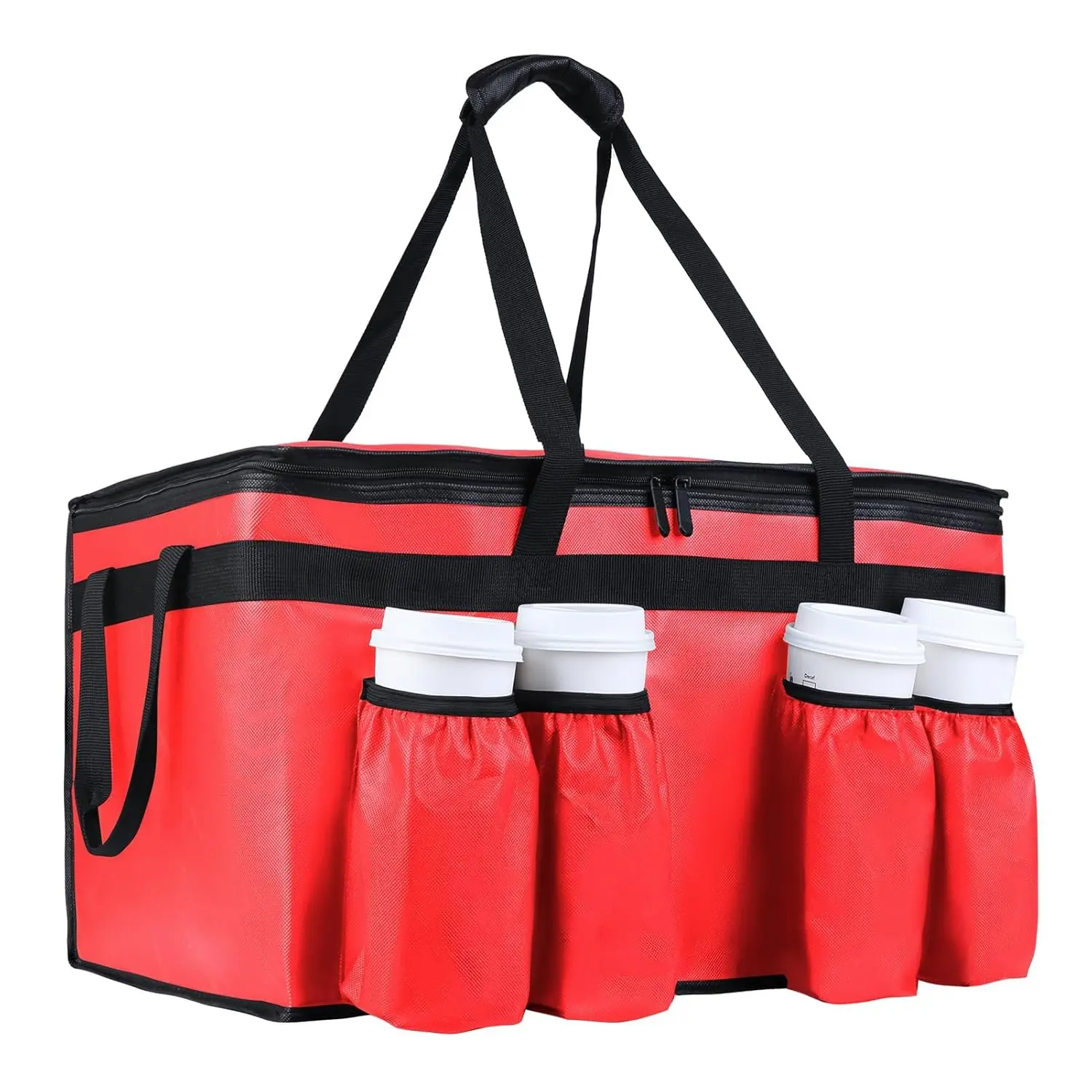 Insulated  Delivery Bag with 4 Cup Holder, XXX-Large Insulated Grocery Bags with Zippered Top, Cooler Bags with Drink Carrier,  Carrier Catering Bag, Commercial  Warmers, Red