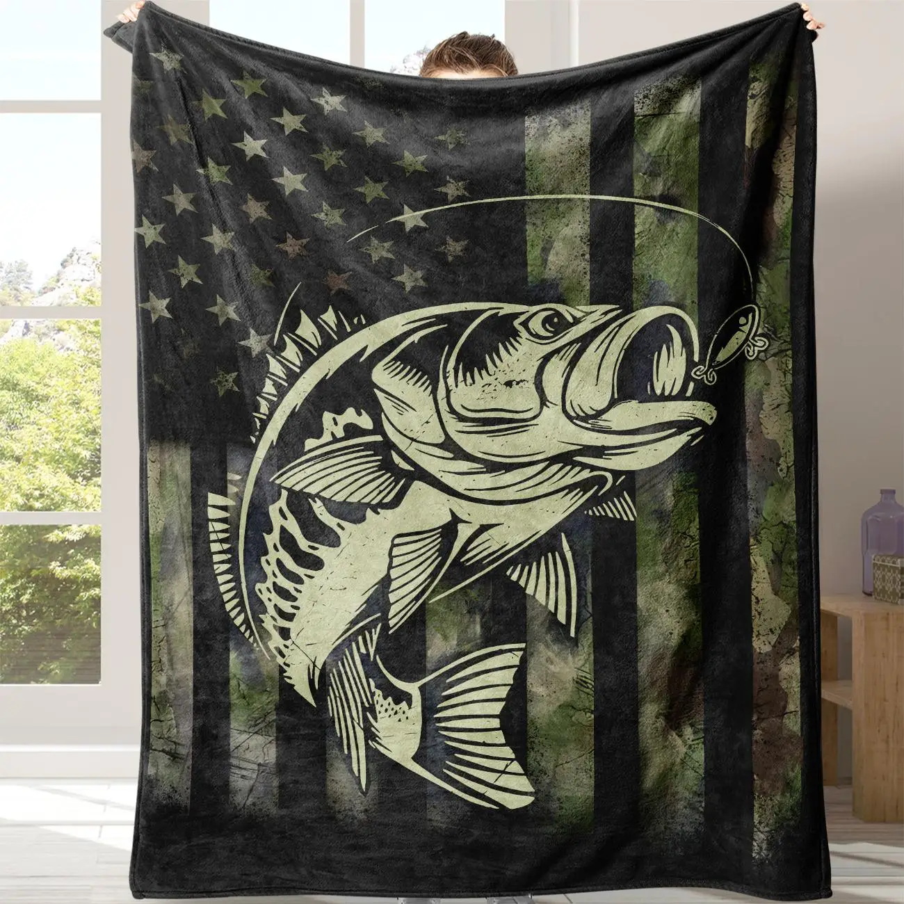 Fish & American Flag Pattern Flannel Blanket, 1 Count Soft Warm Throw Blanket with Storage Bag, Warm Nap Blanket for Home Office Travel Camping