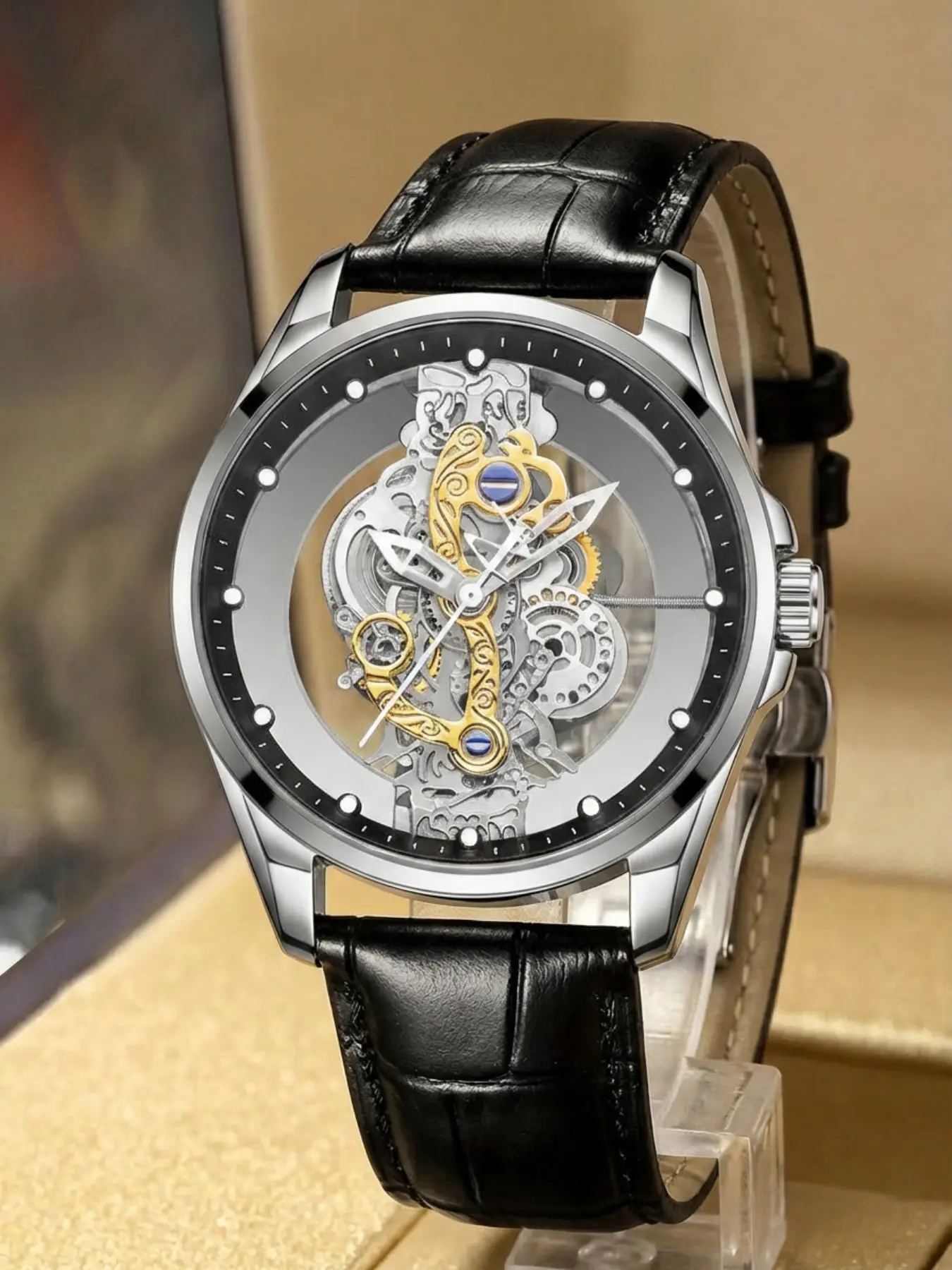 A men's 2025 new double-sided hollow movement high-quality student mechanical waterproof luminous quartz Leather Watch Waterproof Wrist Watch
