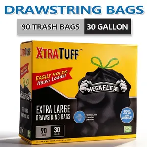 30 Gallon Boxed Disposable Non Tear Large Drawstring Trash Bags, Black For Large Kitchen Trash Can, Ultra Strong 90 Count 113.5L Garbage bag,Multipurpose Cleaning Supplies For Industrial, Garden, Home, Commercial - Durable, Leak-Proof, Easy To Use