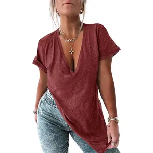 Women's Soft Oversized T-Shirt, Casual Deep V-Neck Tunic Top with Short Sleeves and Loose Fit for Summer, Shortsleeve, Lady