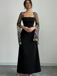 A women's black stylish Chic new square neck embroidered mesh long sleeve elegant Embellished dress, suitable for summer, Formal wear, suitable for evening parties, weddings, and balls
